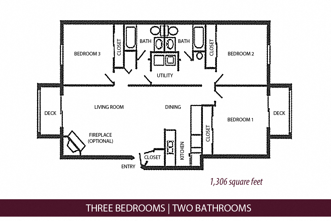 Floor plan for 3 beds, 2 baths, 1236 sqft